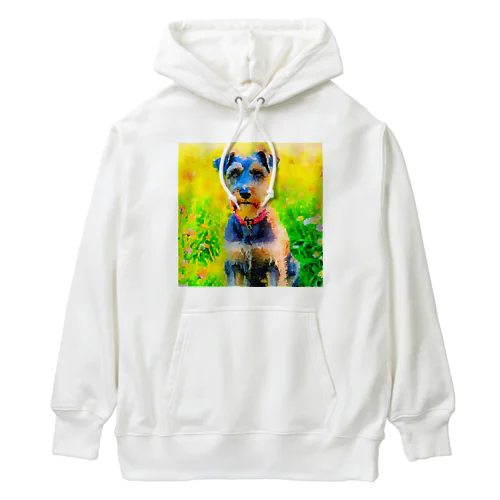 水彩画の犬 花畑のシュナウザーのイラスト Heavyweight Hoodie