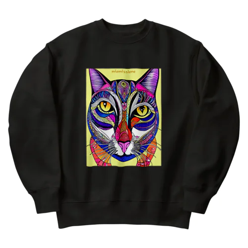 カラフルでエスニックテイストでポップな猫－Colorful, ethnic flavored, pop cat. Heavyweight Crew Neck Sweatshirt