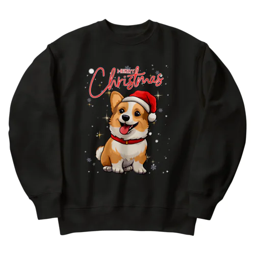 キラキラと降る雪に心を躍らせるクリスマスコーギー Heavyweight Crew Neck Sweatshirt