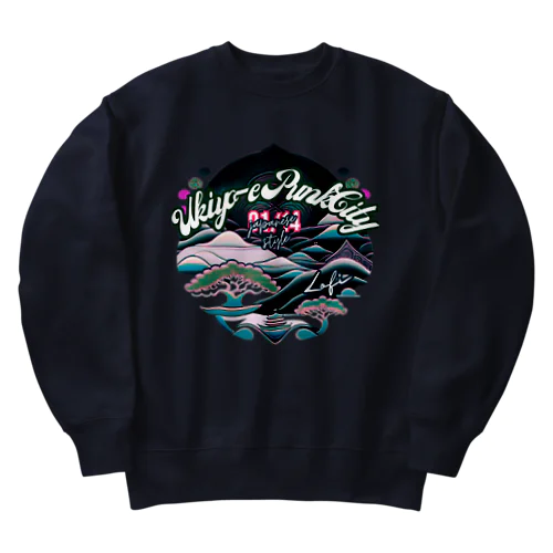 【lofiアート】ネオ浮世絵と盆栽: 北斎イズムのサイバーパンクが織りなす日本の景色の旅 Heavyweight Crew Neck Sweatshirt