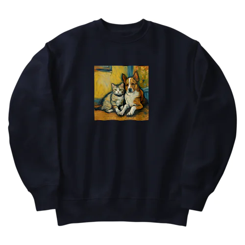 ゴッホが描いたような仲良しの猫と犬 Heavyweight Crew Neck Sweatshirt