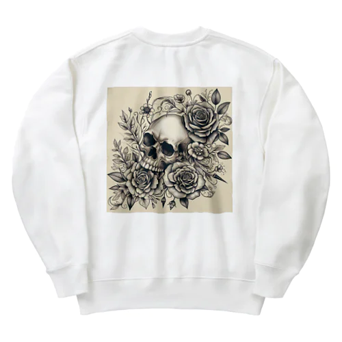 モノクロ 花とスカル Heavyweight Crew Neck Sweatshirt