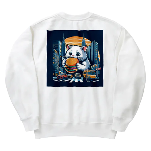 街中でハンバーガーを食べる猫_White Heavyweight Crew Neck Sweatshirt