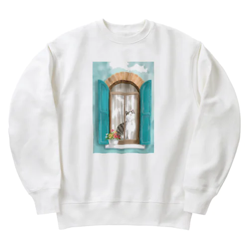 窓辺の猫　②　背景あり Heavyweight Crew Neck Sweatshirt