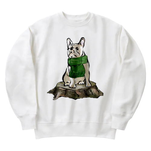 マフラーを着けたフレンチブルドッグ　クリーム Heavyweight Crew Neck Sweatshirt