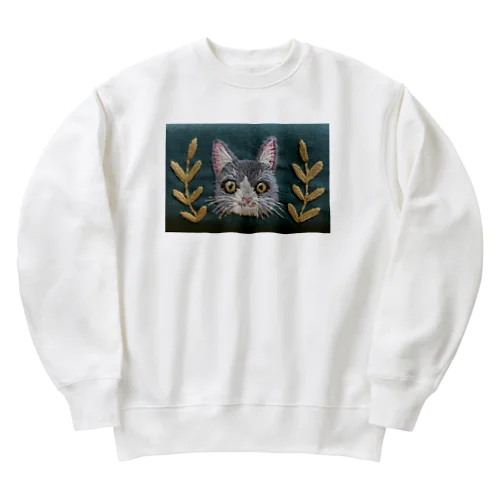 手刺繍ハチワレねこ Heavyweight Crew Neck Sweatshirt