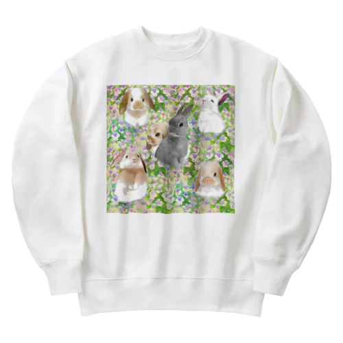 パンジーのお花畑とかわいいうさぎたちのシームレスパターンイラスト Heavyweight Crew Neck Sweatshirt