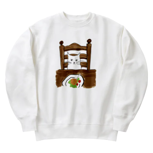 チキン狙い白ねこ Heavyweight Crew Neck Sweatshirt