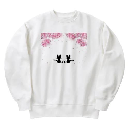 桜と黒ねこ親子 Heavyweight Crew Neck Sweatshirt