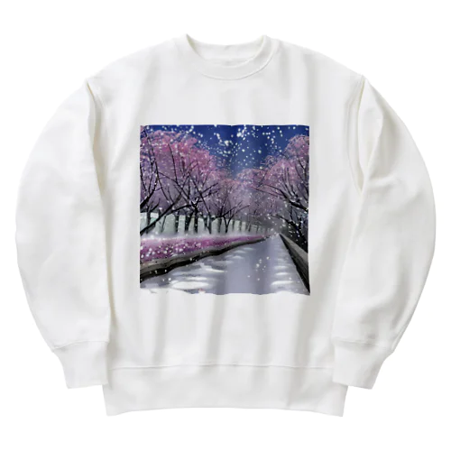 夜の桜並木に雪 Heavyweight Crew Neck Sweatshirt