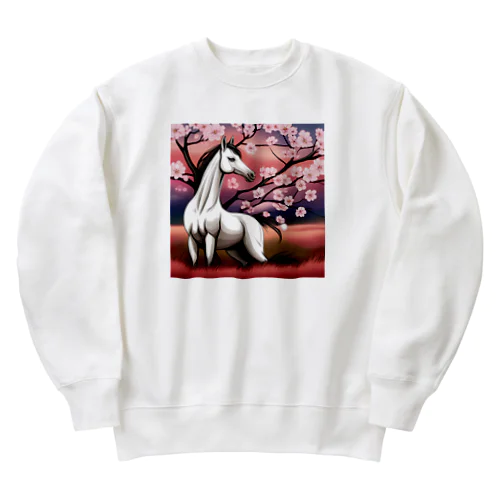 夜桜に佇む芦毛の怪物くん Heavyweight Crew Neck Sweatshirt