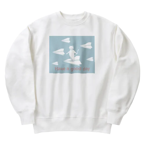 Have a good day 紙飛行機に乗った猫のさぶろう Heavyweight Crew Neck Sweatshirt