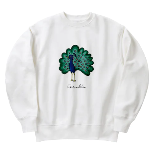 クジャクのクック - 羽根広げた（Large） Heavyweight Crew Neck Sweatshirt