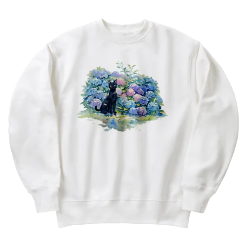 黒猫と紫陽花 Heavyweight Crew Neck Sweatshirt