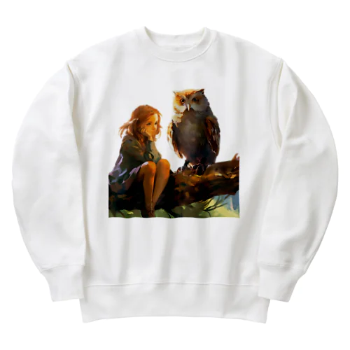 夢を語る少女とフクロウ Heavyweight Crew Neck Sweatshirt