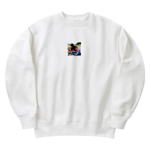 可愛い犬と少女 Heavyweight Crew Neck Sweatshirt