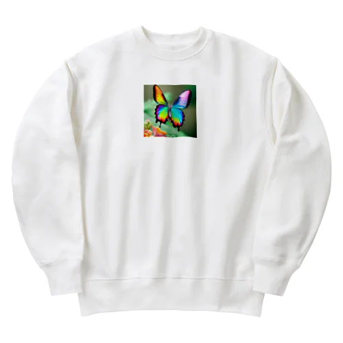 花に舞い降りた虹色の蝶のグッズ Heavyweight Crew Neck Sweatshirt