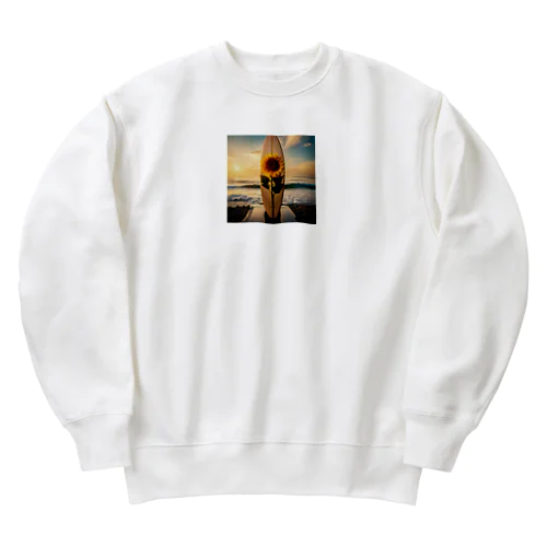 レトロなサーフボードとひまわりのデザイン。 Heavyweight Crew Neck Sweatshirt