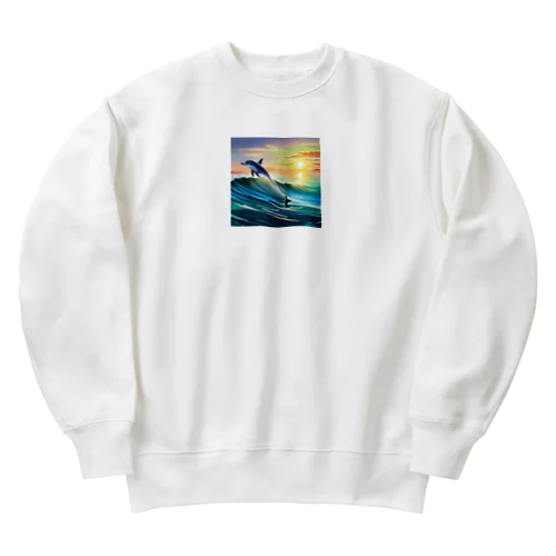 夕暮れで飛ぶイルカ Heavyweight Crew Neck Sweatshirt