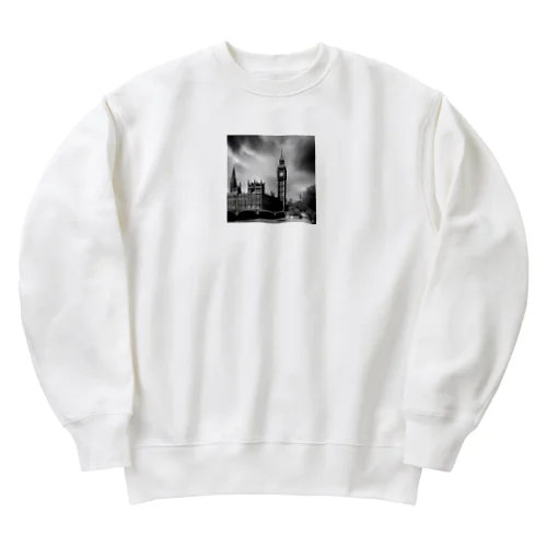 モノクロ　世界遺産　ウェストミンスター宮殿　ビッグベン Heavyweight Crew Neck Sweatshirt