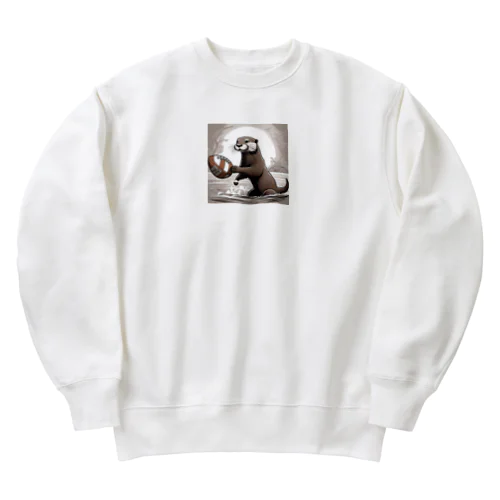 ラグビーボールを持つカワウソ Heavyweight Crew Neck Sweatshirt