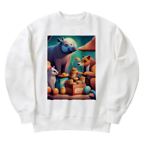 夜空の下で食卓を囲む動物たち Heavyweight Crew Neck Sweatshirt