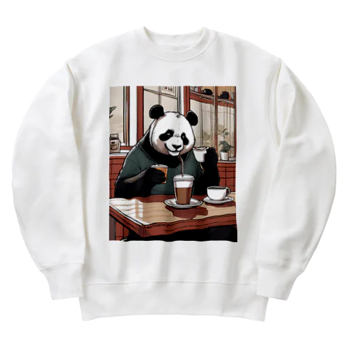 喫茶店でコーヒーを飲むパンダ Heavyweight Crew Neck Sweatshirt