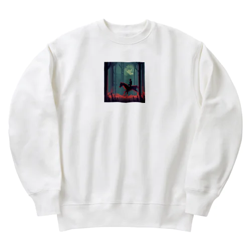 夜の不気味な森での乗馬風景 Heavyweight Crew Neck Sweatshirt