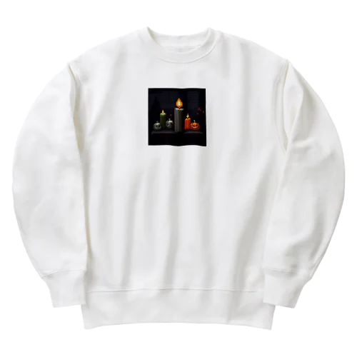 火が灯る蝋燭とハロウィンカボチャのドット絵 Heavyweight Crew Neck Sweatshirt