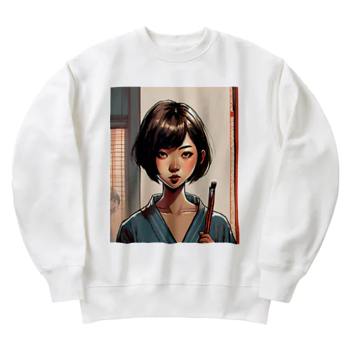 おかっぱ頭のミステリアスな女性画家 Heavyweight Crew Neck Sweatshirt