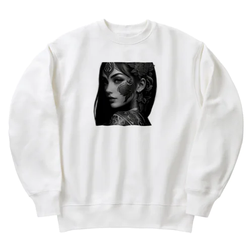 モノクロのタトュー美女 Heavyweight Crew Neck Sweatshirt