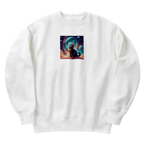 宇宙に居る猫のイラストグッズ Heavyweight Crew Neck Sweatshirt