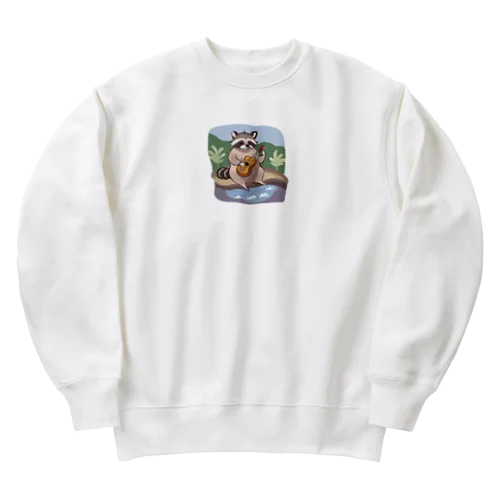 【大分県】タヌキが温泉地で湯につかりながら楽器を演奏する Heavyweight Crew Neck Sweatshirt