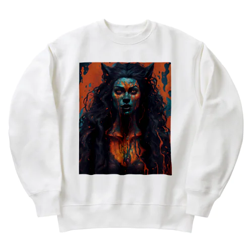 ミステリアスなダークウルフの女性 Heavyweight Crew Neck Sweatshirt