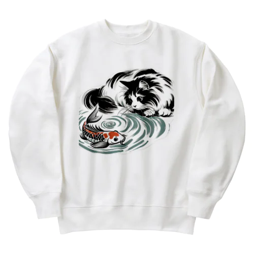 猫と鯉（水墨画風） Heavyweight Crew Neck Sweatshirt