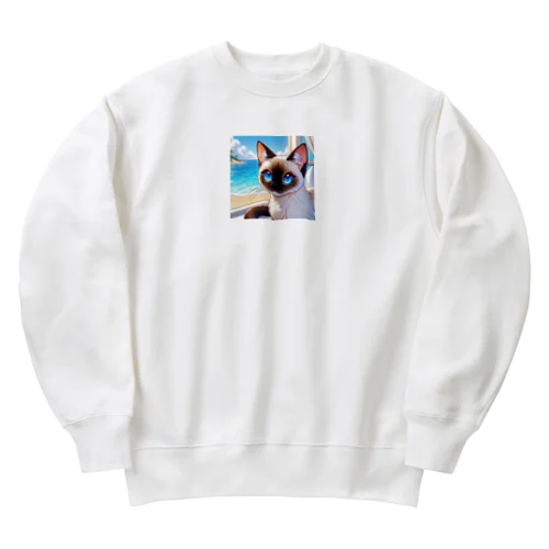 シャム猫のサファイヤ海に輝く Heavyweight Crew Neck Sweatshirt