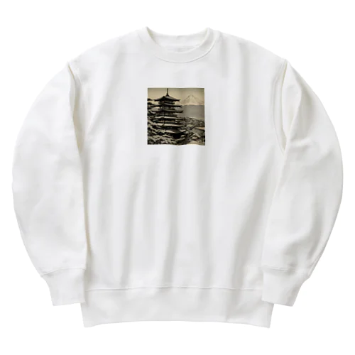 モノクロ山と寺 Heavyweight Crew Neck Sweatshirt