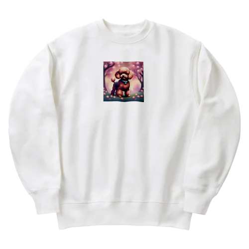 桜舞い散る中でたたずむ可愛いトイプードル Heavyweight Crew Neck Sweatshirt