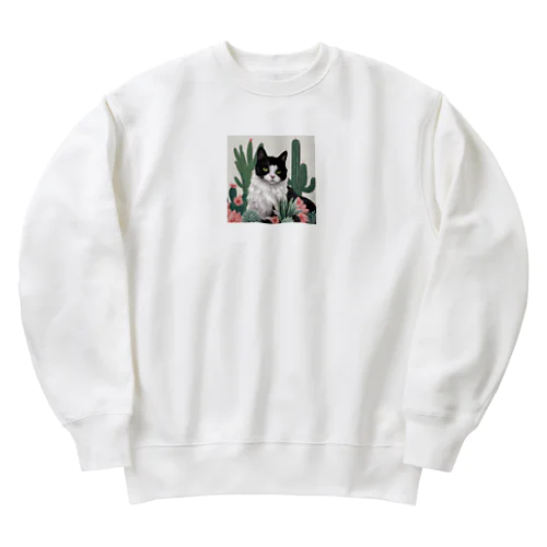 ハチワレ白黒猫とサボテン Heavyweight Crew Neck Sweatshirt