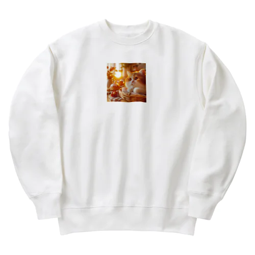 かわいい猫と日の出のイラスト Heavyweight Crew Neck Sweatshirt