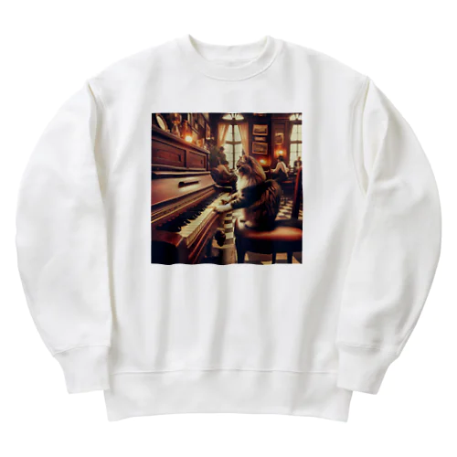 ヴィンテージなカフェでピアノを弾いている猫 Heavyweight Crew Neck Sweatshirt