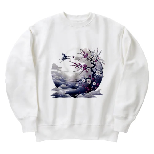 白背景の和風夜景 - 月と梅と鶴 Heavyweight Crew Neck Sweatshirt