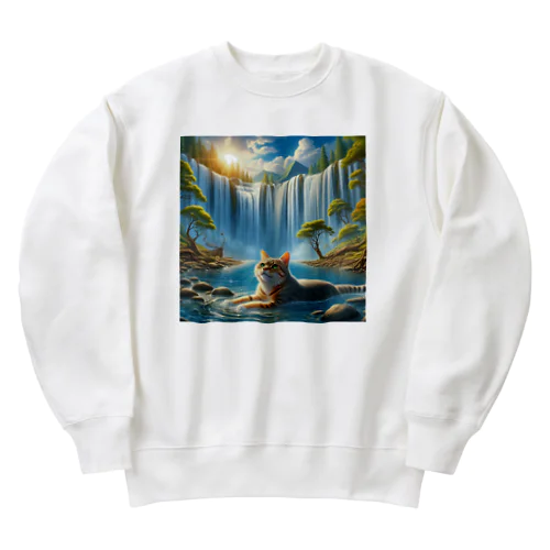 大瀑布の前で涼んでいる猫 Heavyweight Crew Neck Sweatshirt