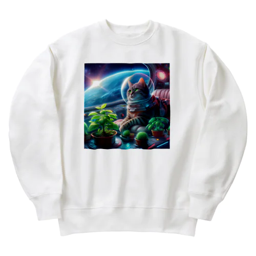 宇宙船で植物を育てながら宇宙旅行している猫 Heavyweight Crew Neck Sweatshirt