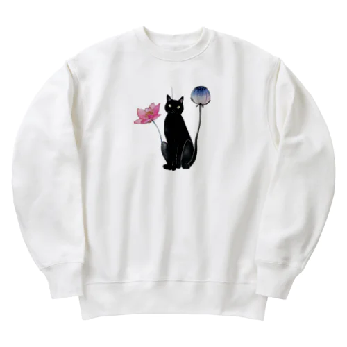 黒猫と花 Heavyweight Crew Neck Sweatshirt