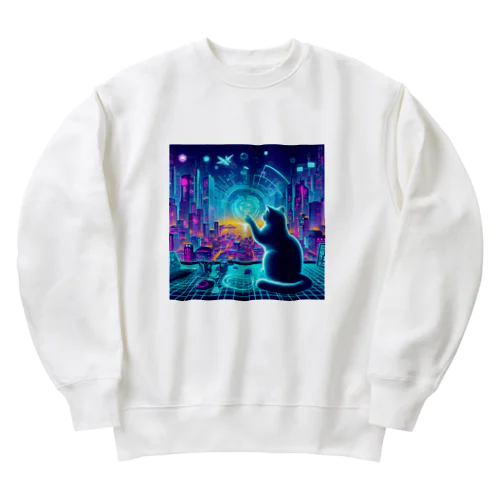 サイバー都市でホログラフィックな街並みを楽しむネコ Heavyweight Crew Neck Sweatshirt