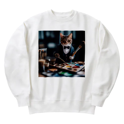 一匹の個性的な猫が絵筆を握っています Heavyweight Crew Neck Sweatshirt