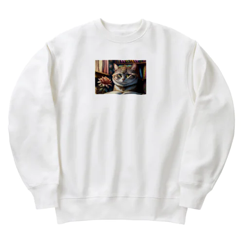 本を読む賢い猫 Heavyweight Crew Neck Sweatshirt