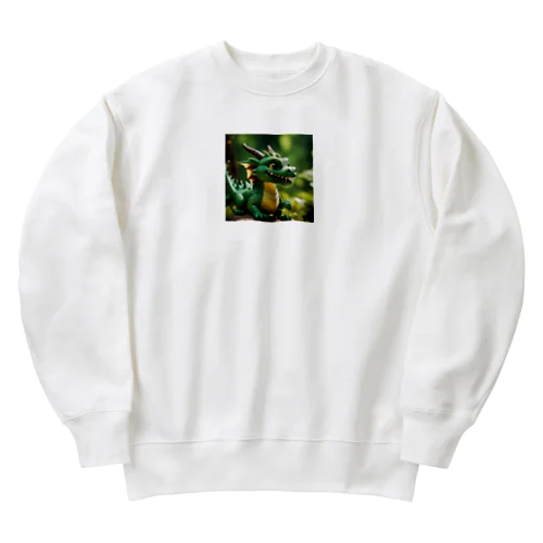 新緑の森で木漏れ日を浴びて喜んでいる竜 Heavyweight Crew Neck Sweatshirt