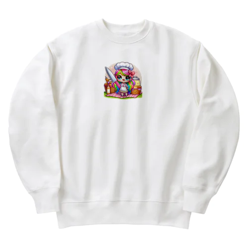 可愛い女の子が料理をしている様子が Heavyweight Crew Neck Sweatshirt